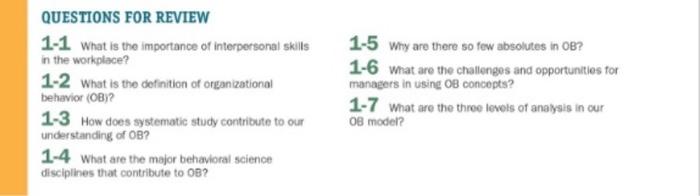 answer question from 1.1 to 1.7 based on organizational behavior !!! QUESTIONS