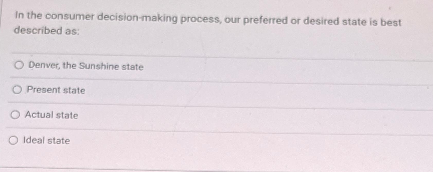  In the consumer decision-making process, our preferred or desired state is