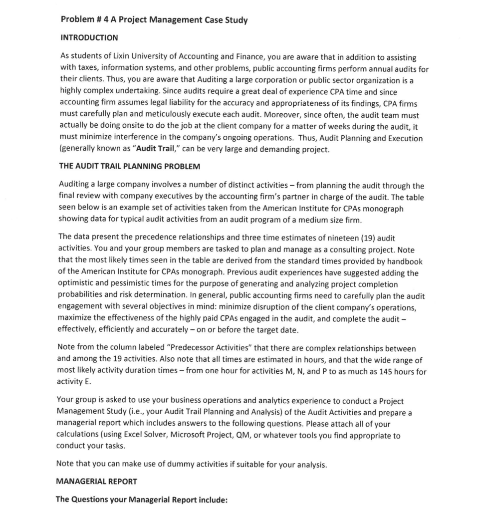  Problem \# 4 A Project Management Case Study INTRODUCTION As students