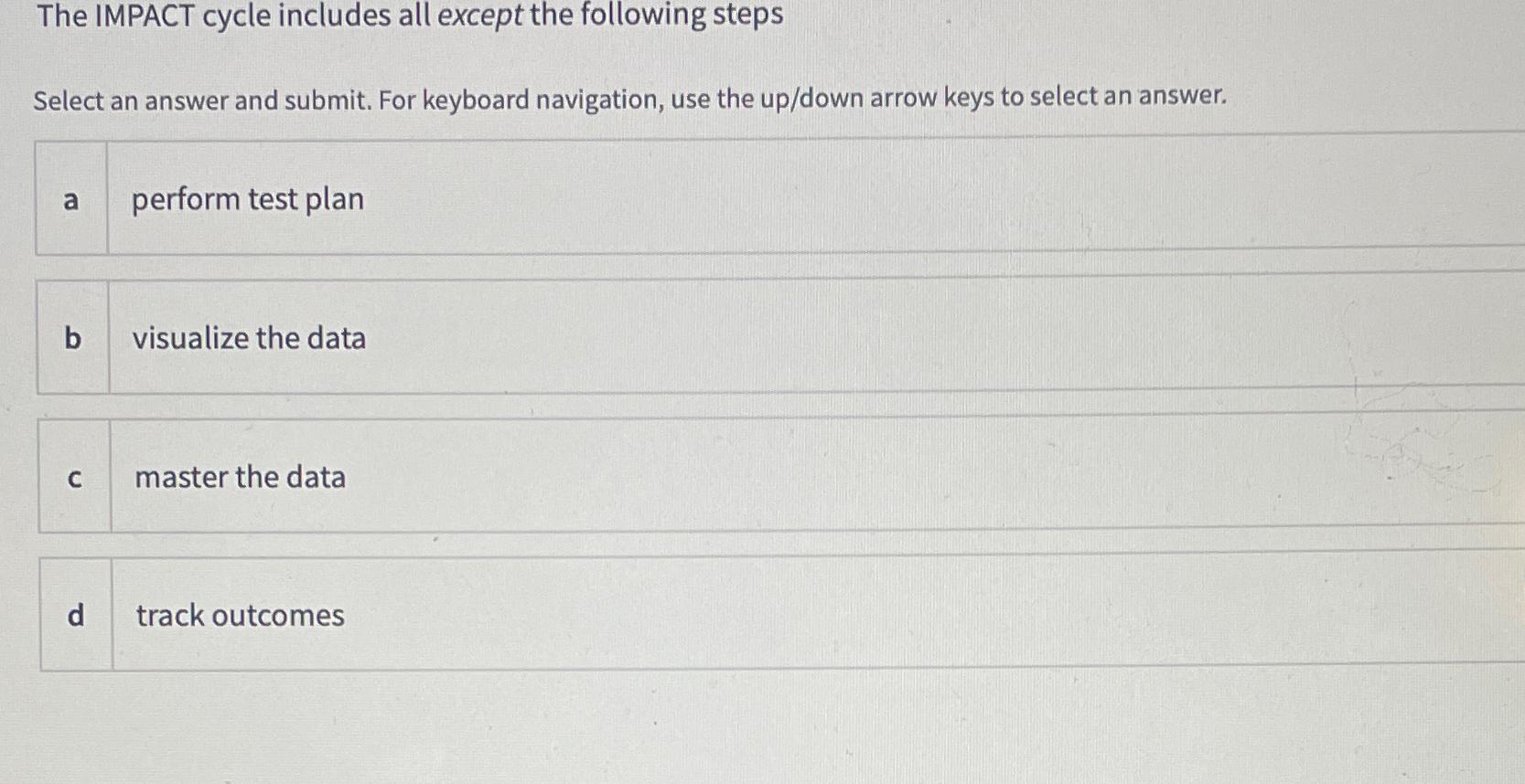  The IMPACT cycle includes all except the following steps Select an