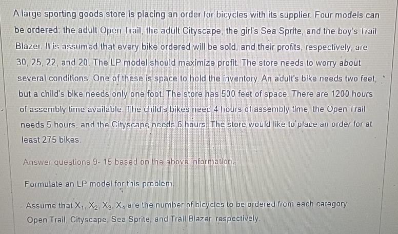  A large sporting goods store is placing an order for bicycles