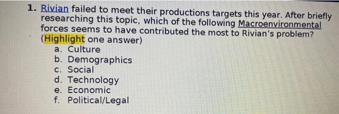 Please explain using the "Macroenvironmental" concept. Thanks 1. Rivian failed to meet