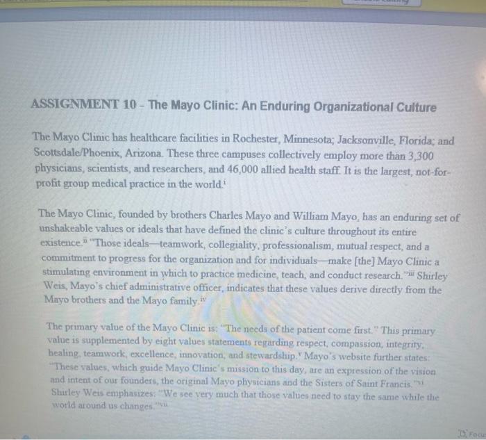  2 Questions at the bottom ASSIGNMENT 10 - The Mayo Clinic: