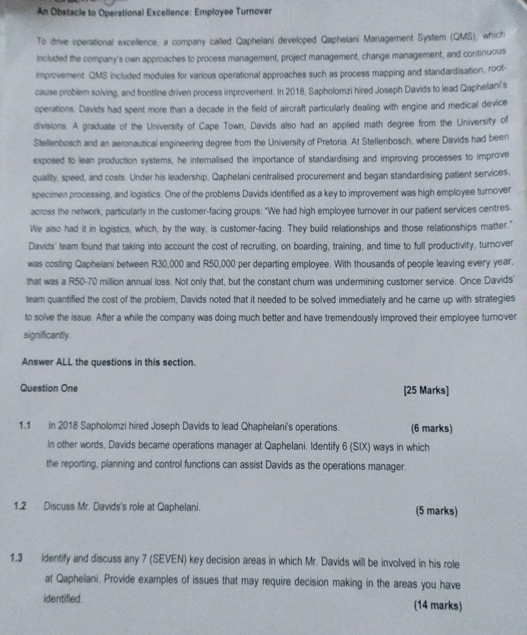  Please help with question one An Obstacle to Operational Excellence: Employee