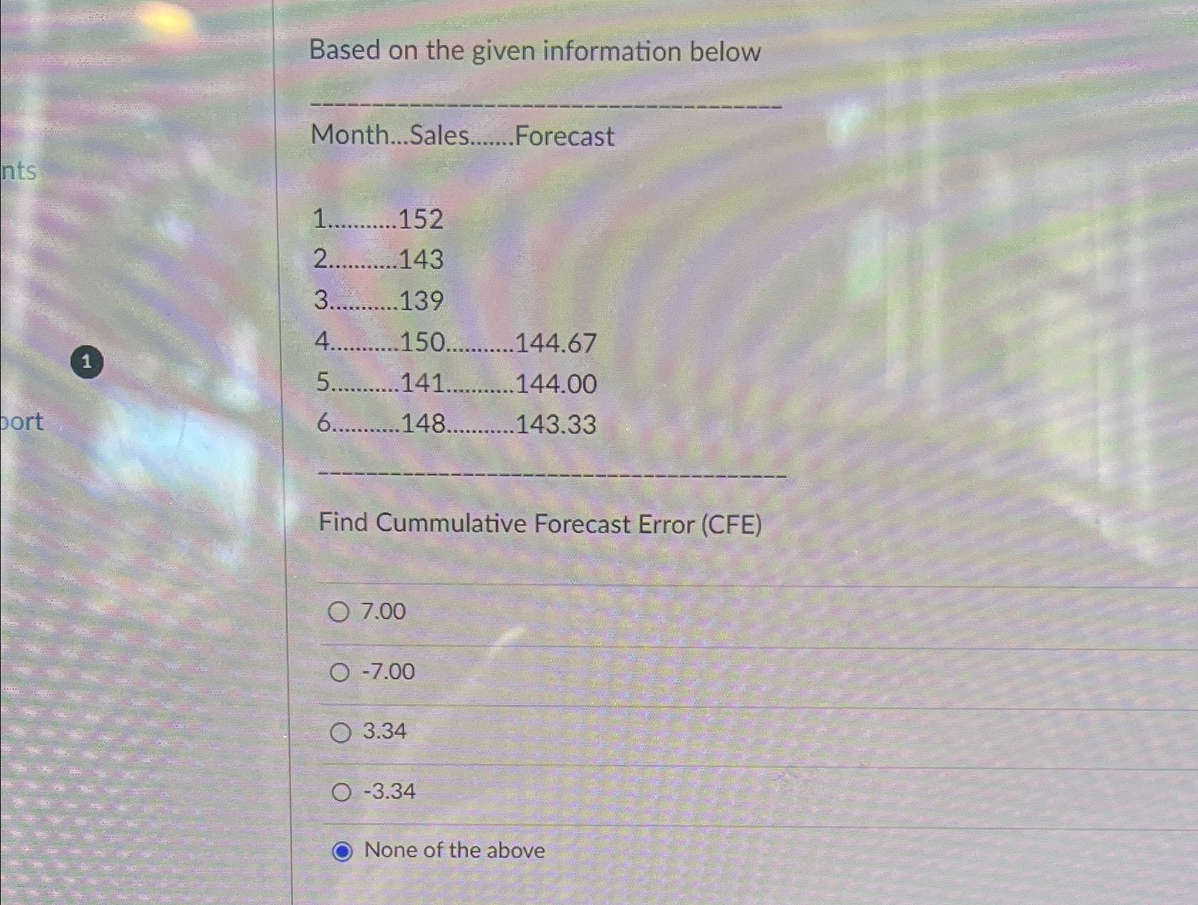  Based on the given information below Month...Sales Forecast 152 2..........143 3...........139