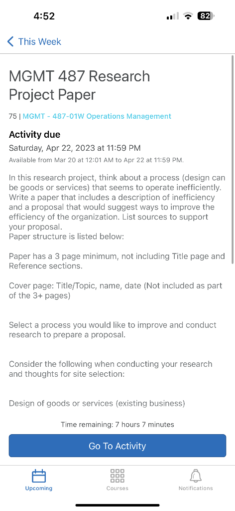  Project Paper 75 | MGMT - 487-01W Operations Management Activity due