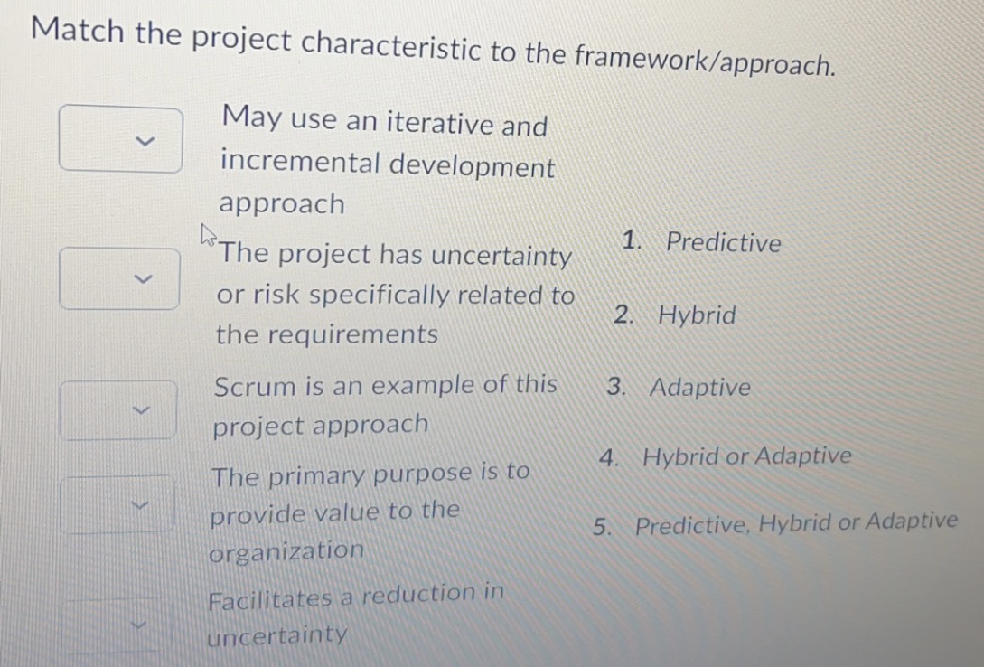  Match the project characteristic to the framework/approach. May use an iterative