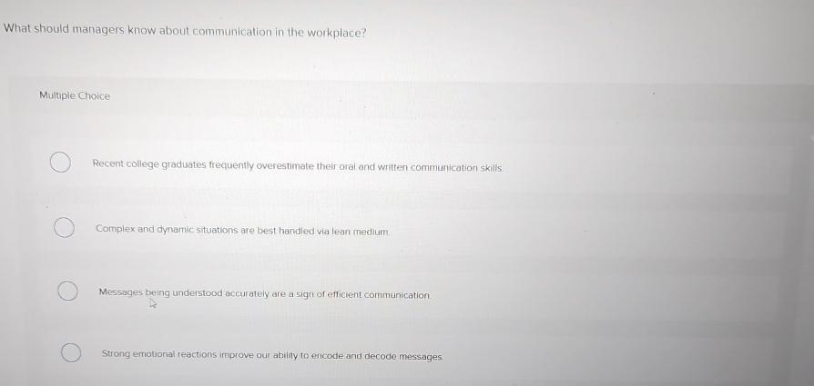  What should managers know about communication in the workplace? Multuple Choice