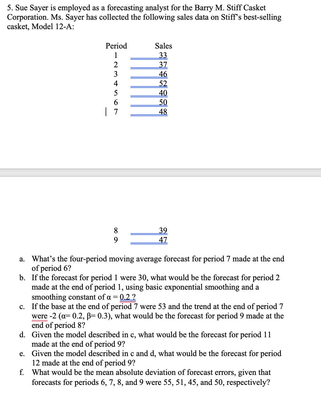  5. Sue Sayer is employed as a forecasting analyst for the