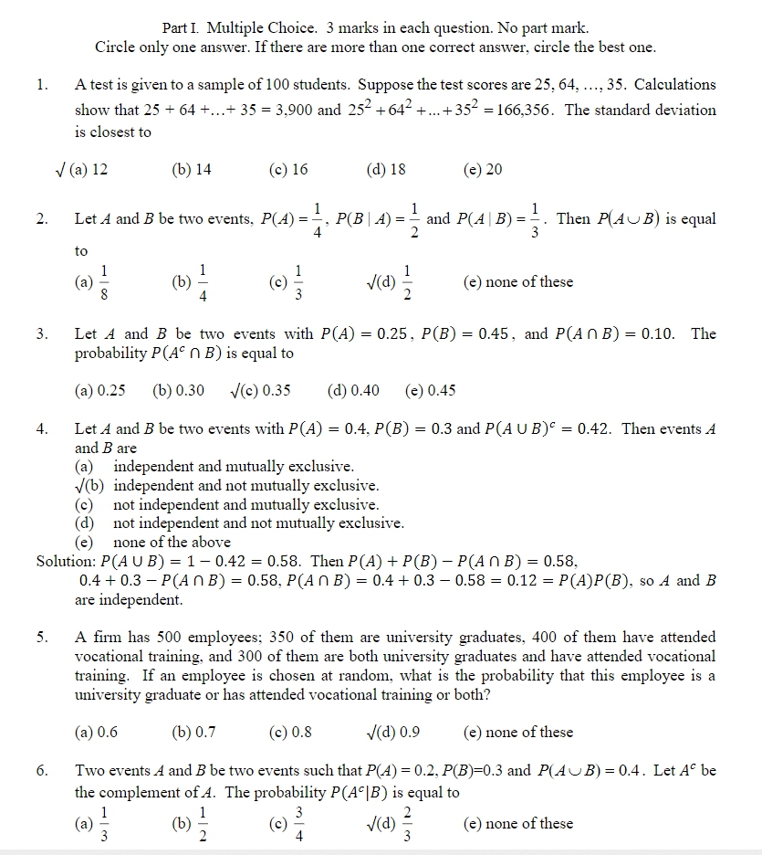 please provide the steps Part I. Multiple Choice. 3 marks in each