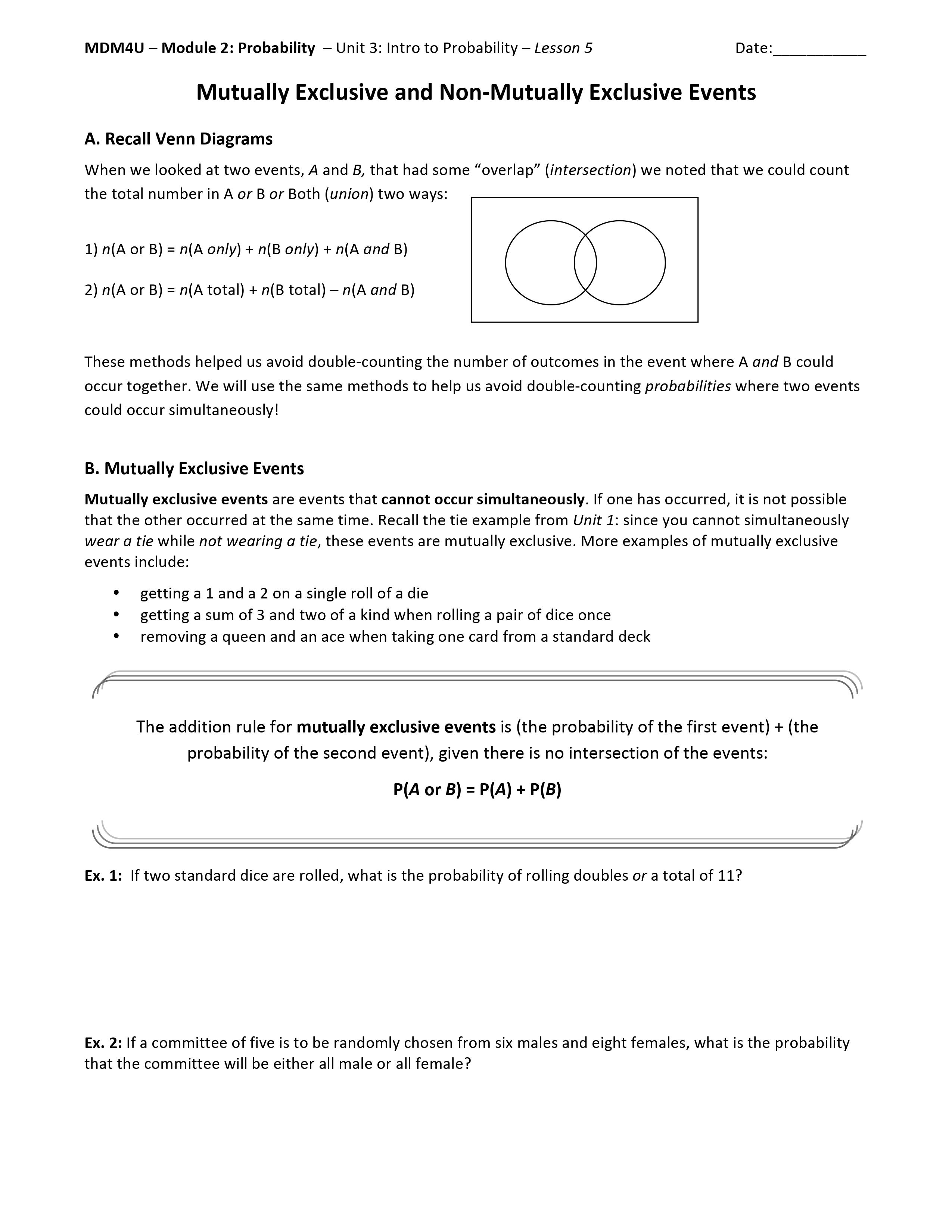  MDM4U Module 2: Probability Unit 3: Intro to Probability Lesson 5