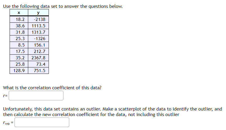 calculate the correlation between the variables x and y. Hint: Use your