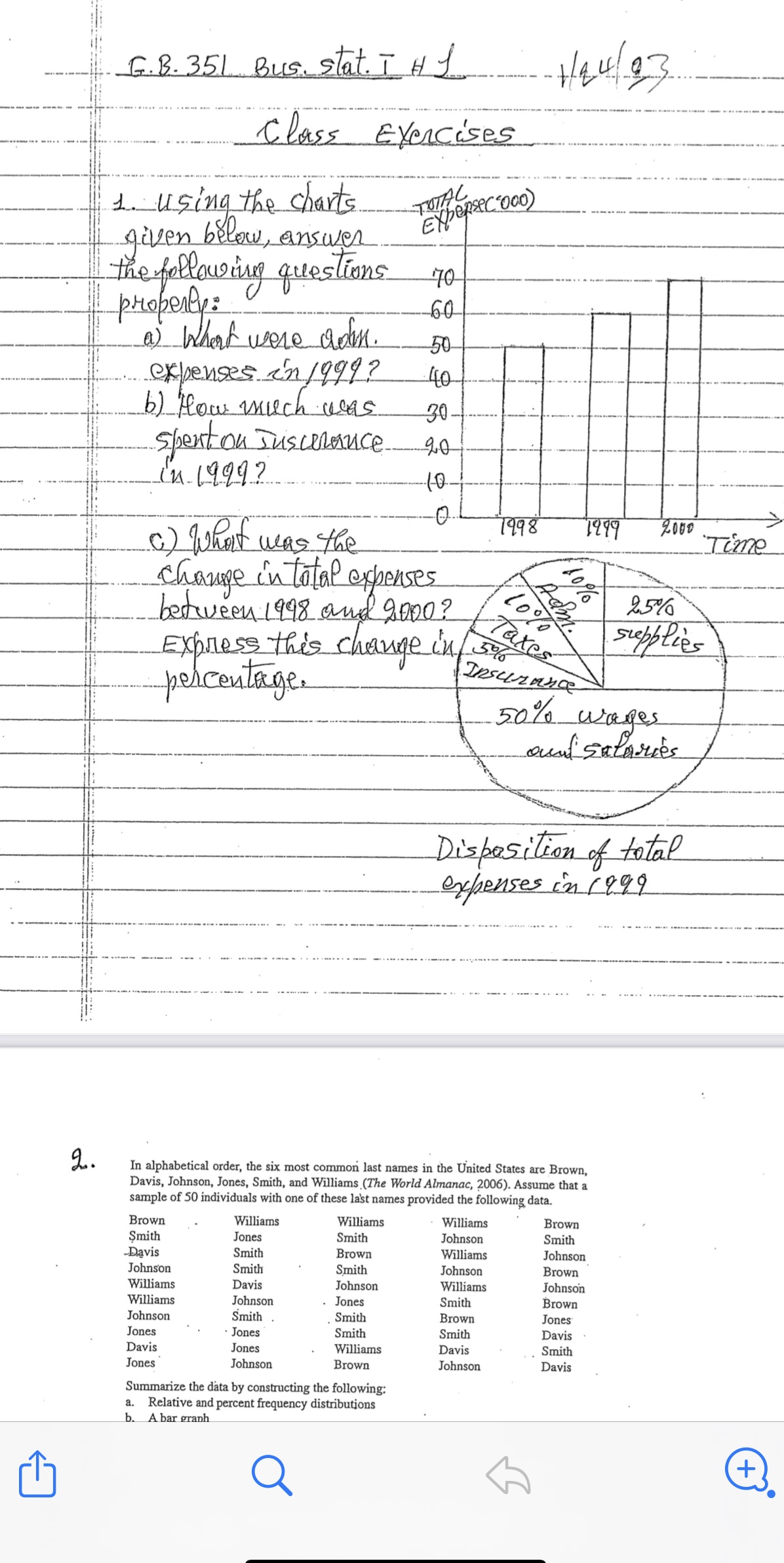  G. B. 351 Bus. stat. THI. Class Exercises 1. using the
