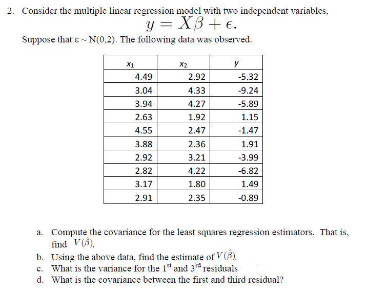 2. Consider the multiple linear regression model with two independent variables,
