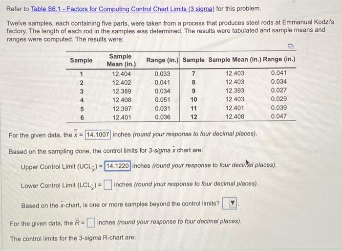  Refer to Table S6.1 - Factors for Computing Control Chart Limits