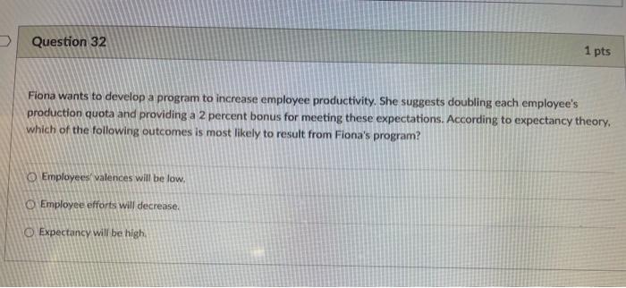  Fiona wants to develop a program to increase employee productivity. She