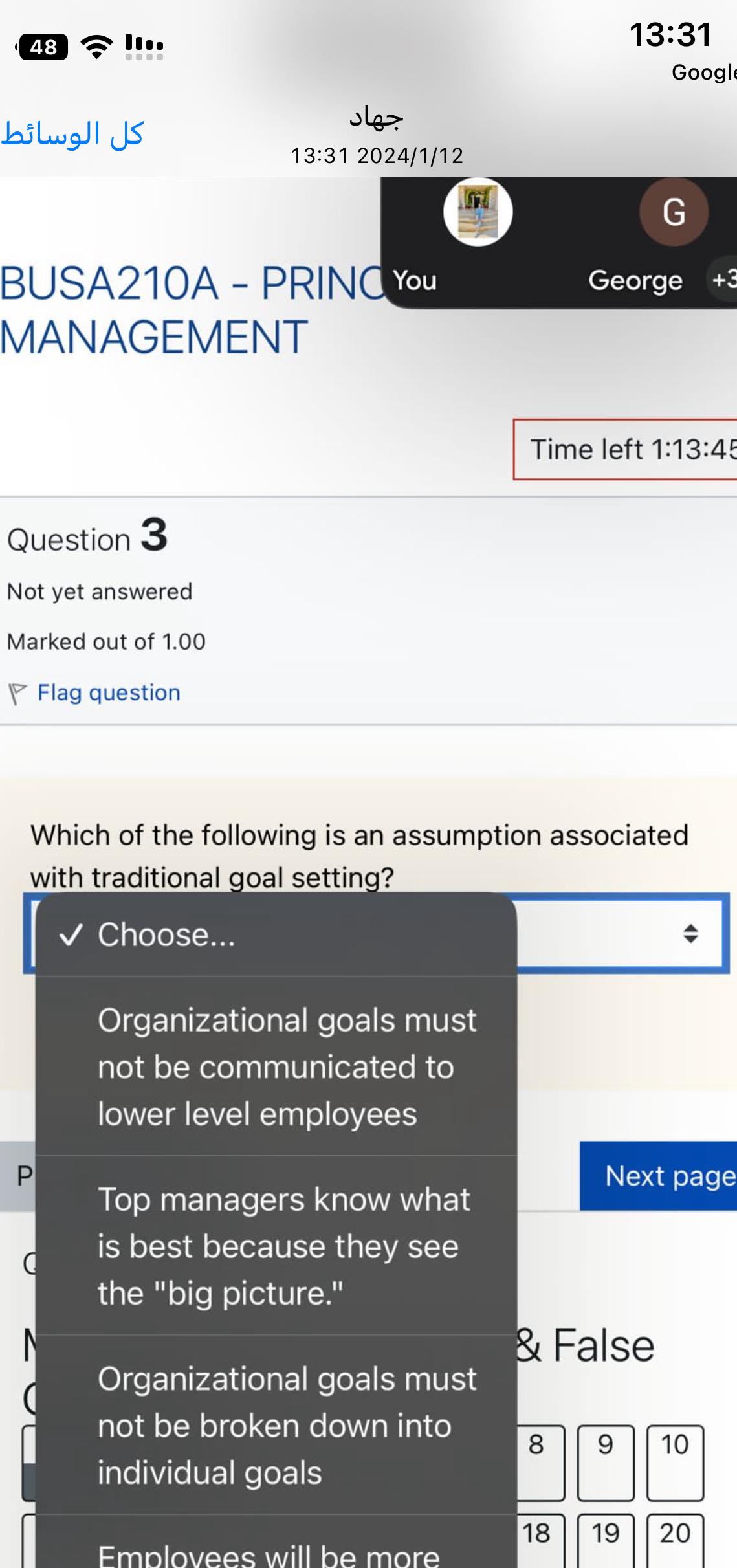  48~~11. 13:31 Googl 13:312024/1/12 BUSA210A - PRINCYou G George MANAGEMENT Time