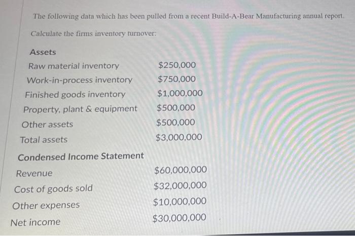  The following data which has been pulled from a recent Build-A-Bear