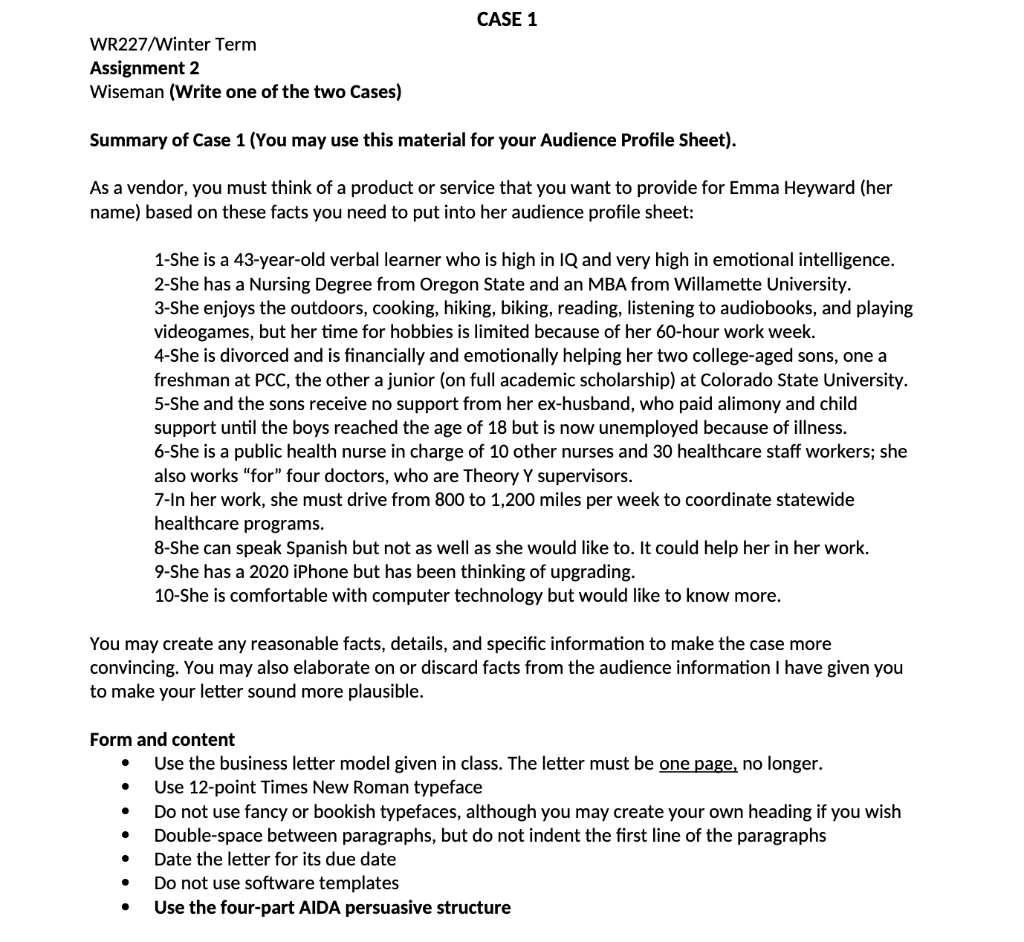  Assignment 2 Wiseman (Write one of the two Cases) Summary of