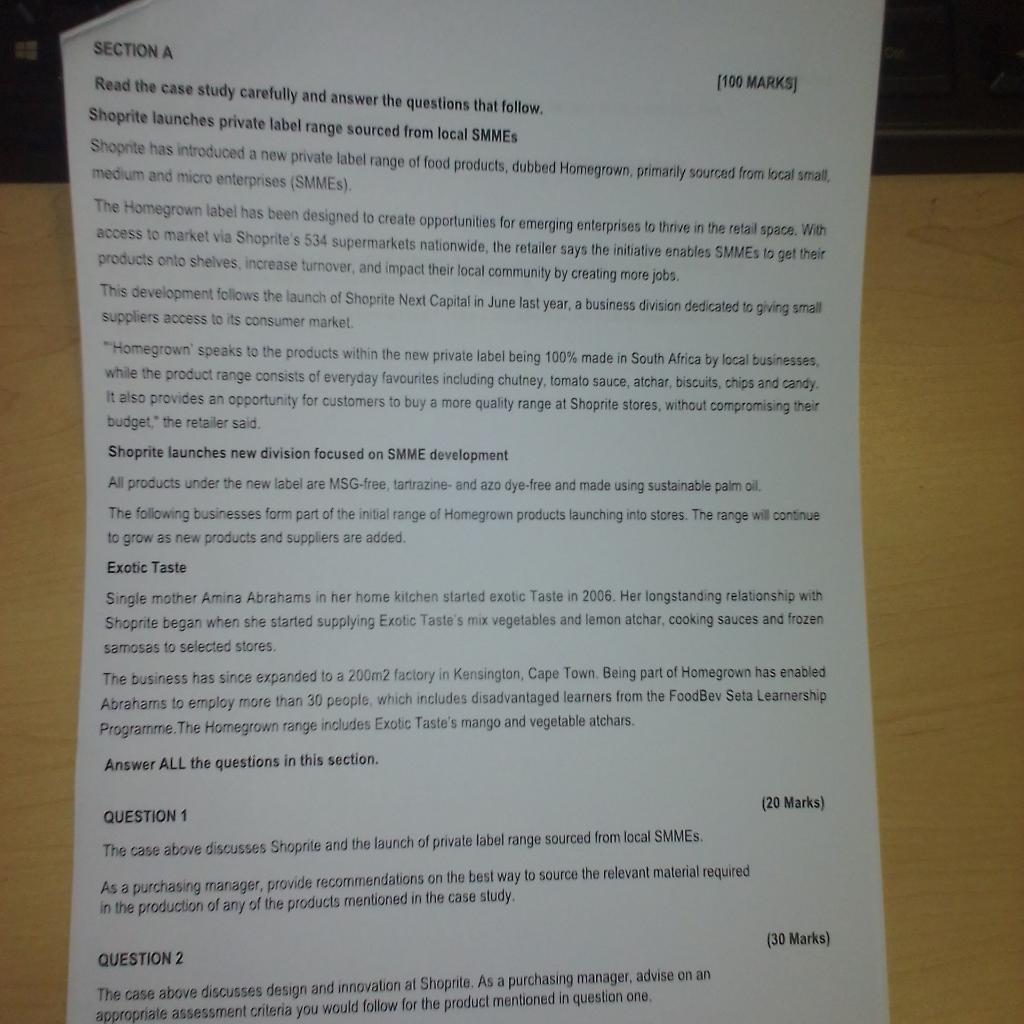 SECTION A Read the case study carefully and answer the questions