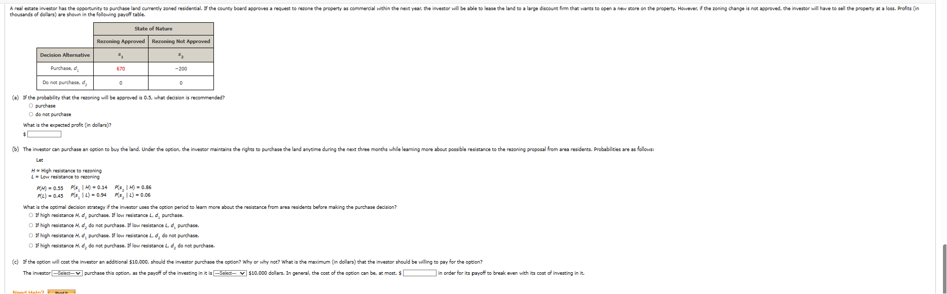 wing payoff table. (a) If the probability that the rezoning will