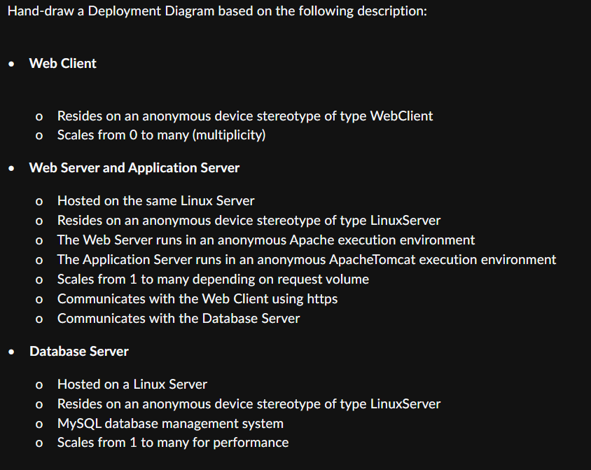 Hand-draw a Deployment Diagram based on the following description: - Web