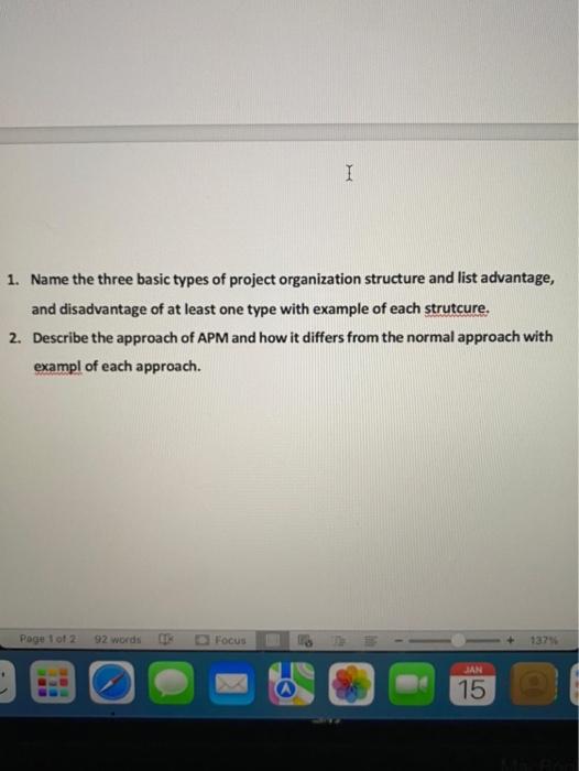  Name the three basic types of project organization structure and list