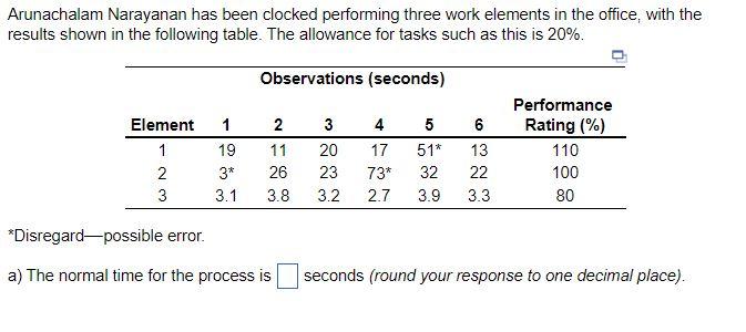 Arunachalam Narayanan has been clocked performing three work elements in the