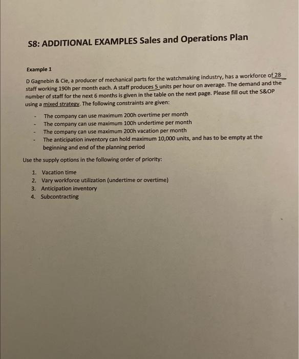  pls fill out the chart S8: ADDITIONAL EXAMPLES Sales and Operations