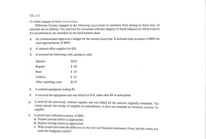  EX. 3-3 A cointy engages in basic transactions. Kilbourne County engaged