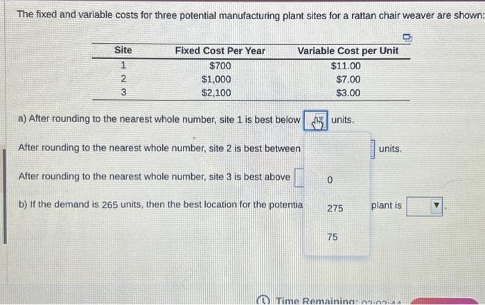  The fixed and variable costs for three potential manufacturing plant sites