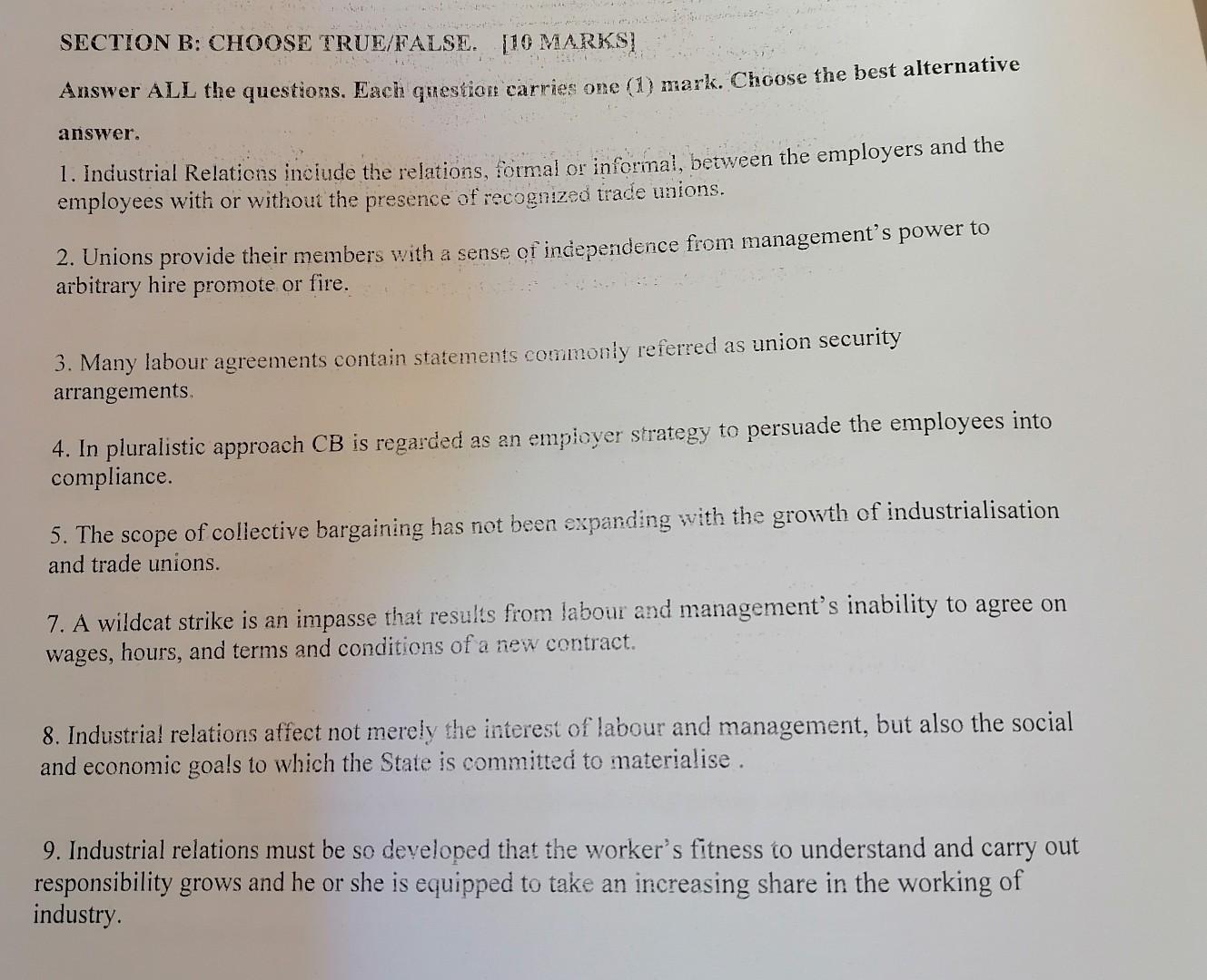  SECTION B: CHOOSE TRUE/FALSE [1OMARKS] Answer ALL the questions. Each question