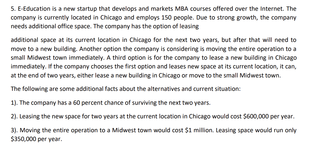  5. E-Education is a new startup that develops and markets MBA