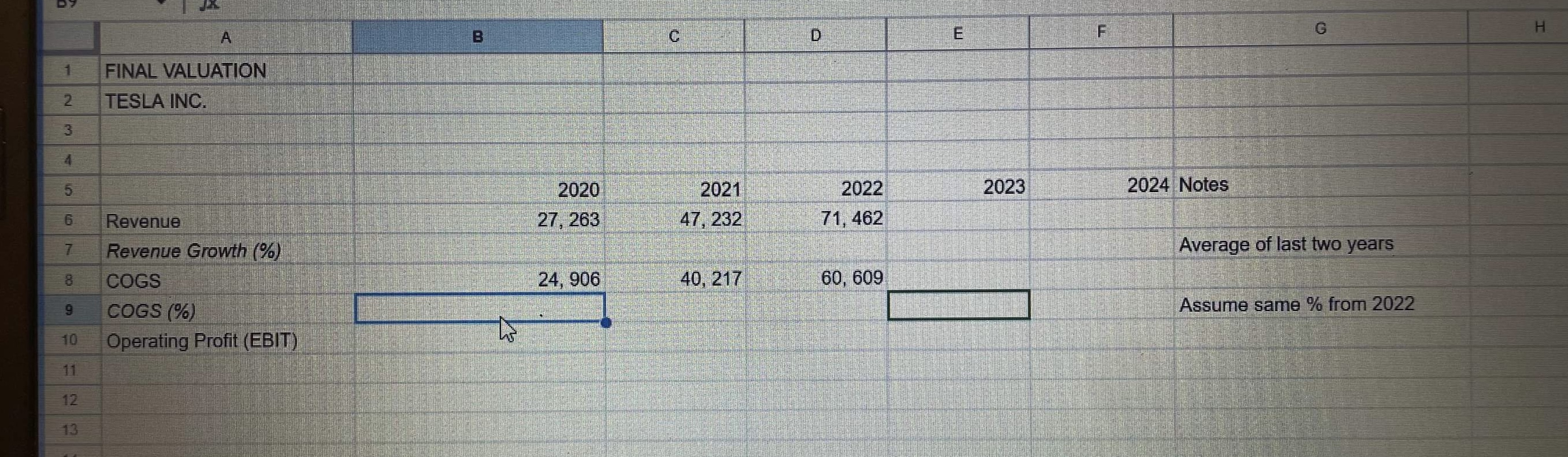  \table[[,A,B,C,D,E,F,G,H],[1,FINAL VALUATION,,,,,,,],[2,TESLA INC.,,,,,,,],[3,,,,,,,,],[4,,,,,,,,],[5,,2020,2021,2022,2023,2024,Notes,],[6,Revenue,27,263,47,232,71,462,,,,],[7,Revenue Growth (%),,,,,,Average of last two years,],[8,coGs,24,906,40,217,60,609,,,,],[9,cogs(%),:.,,,,,Assume same %