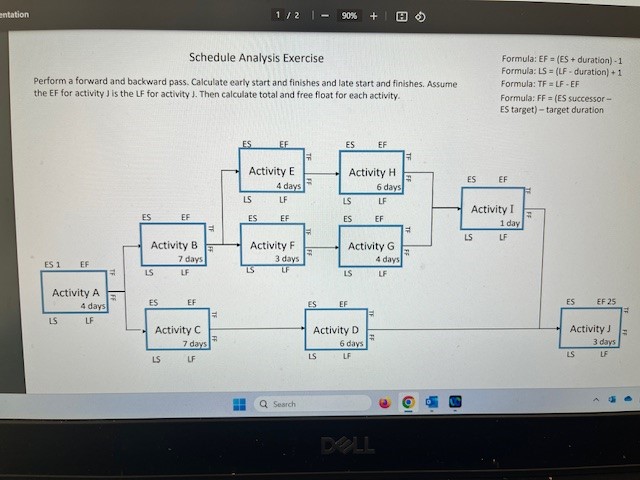  Schedule Analysis Exercise Perform a forward and backward pass. Calculate early