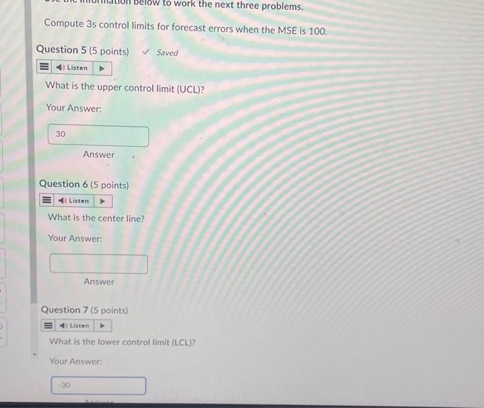 the actual and forecast values shown above, compute the MAD, MSE, and