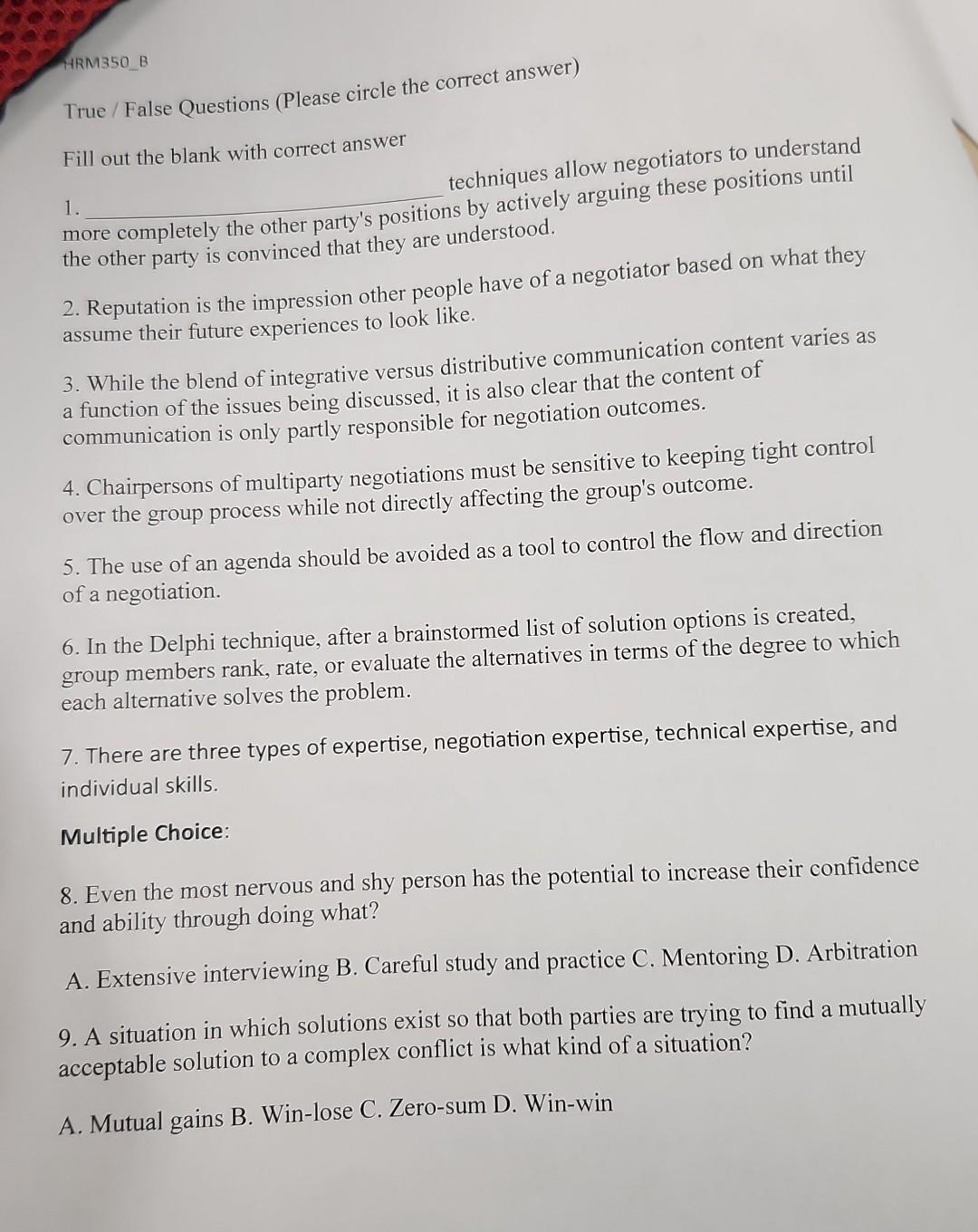 HRM350 B True/False Questions (Please circle the correct answer) Fill out the