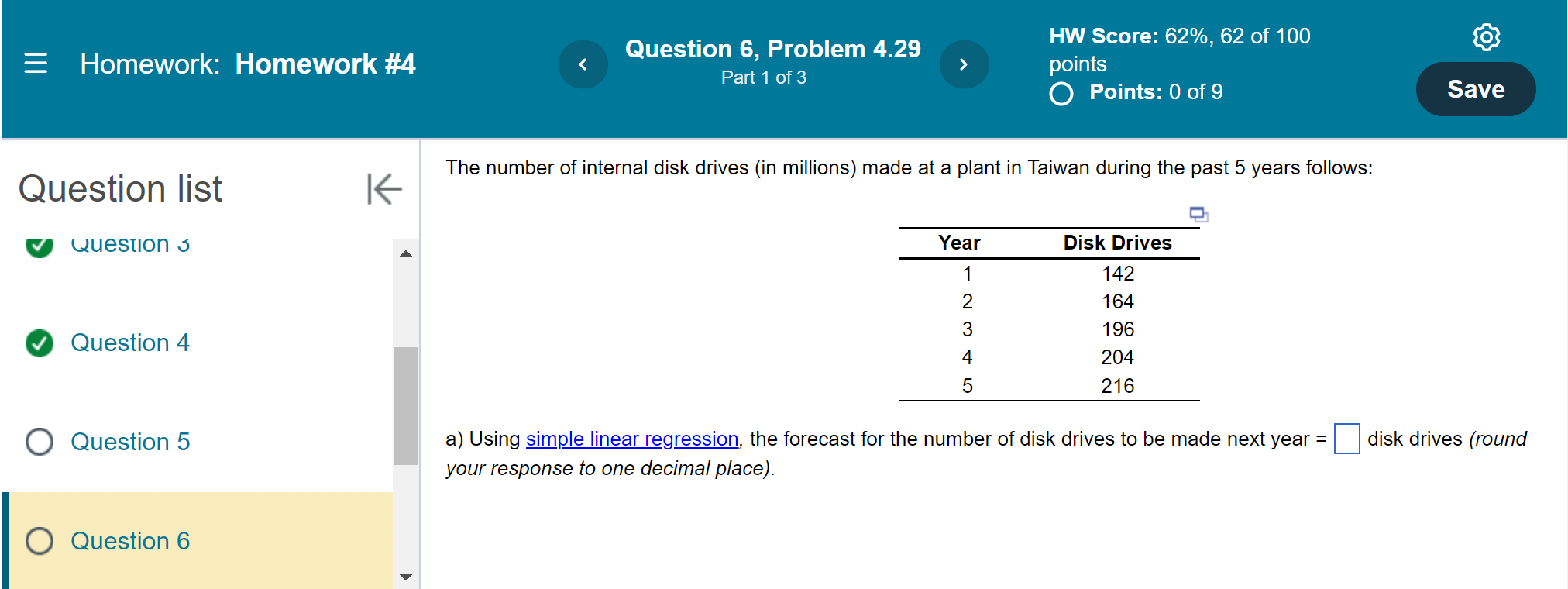  A) using simple linear regression, the forecast for the number of