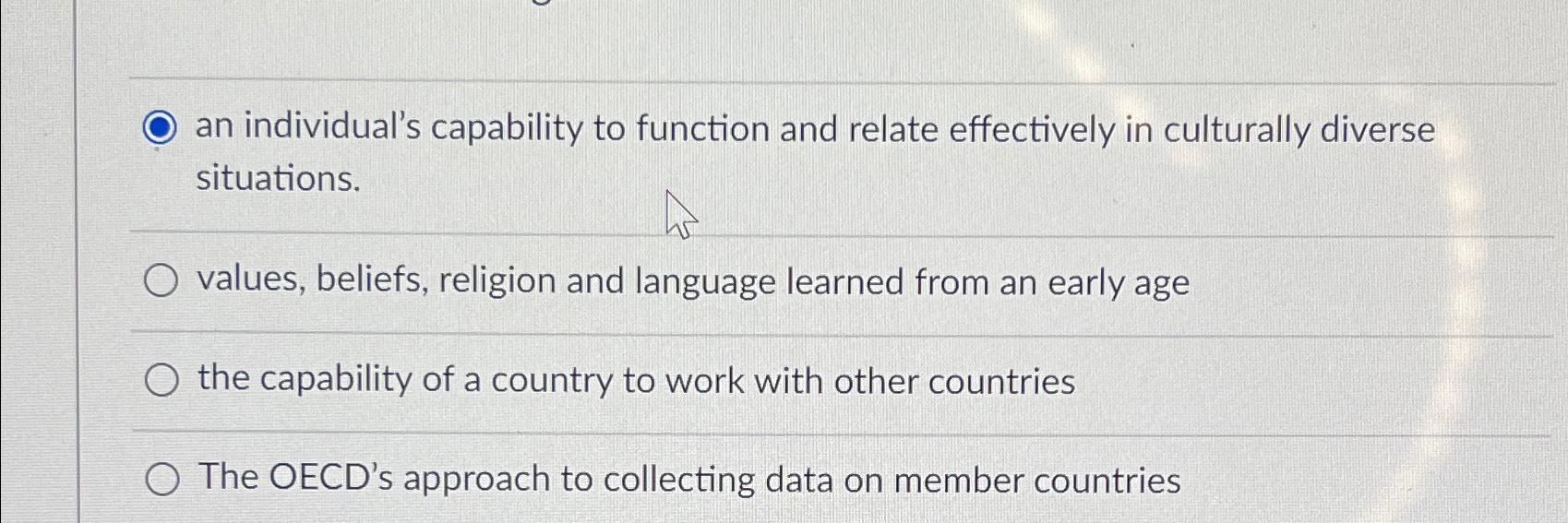  an individual's capability to function and relate effectively in culturally diverse