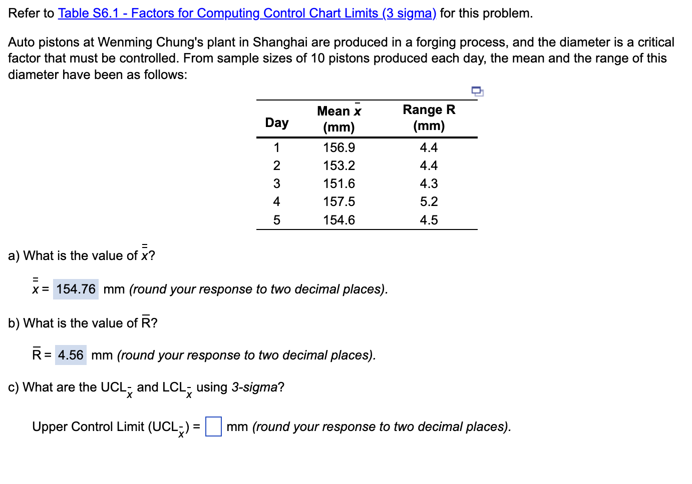  Refer to Table S6.1- Factors for Computing Control Chart Limits (3