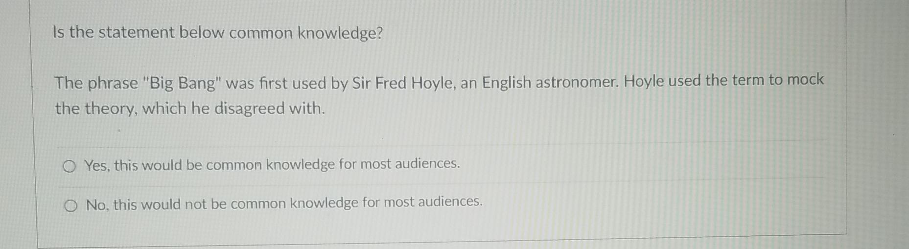  Is the statement below common knowledge? The phrase "Big Bang" was