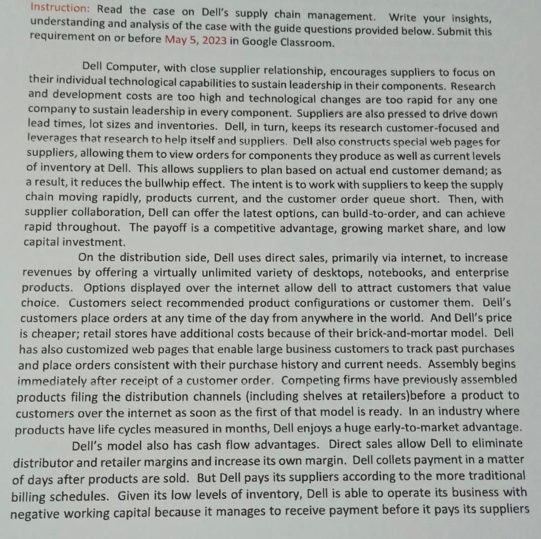 Instruction: Read the case on Dell's supply chain management. Write your