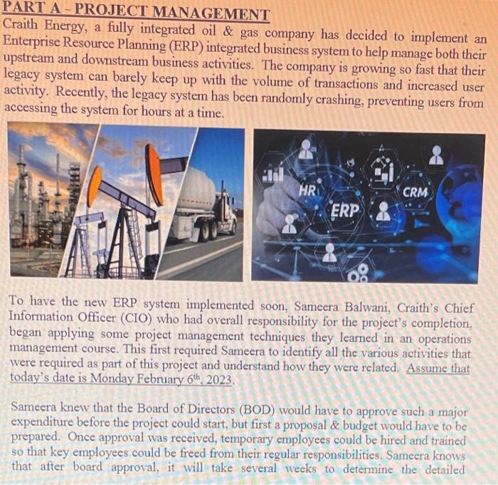  Answer what u can PART A - PROJECT MANAGEMENT Craith Energy,