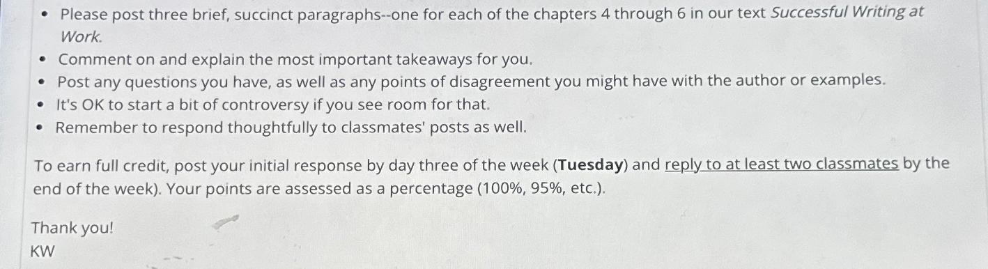  Please post three brief, succinct paragraphs--one for each of the chapters