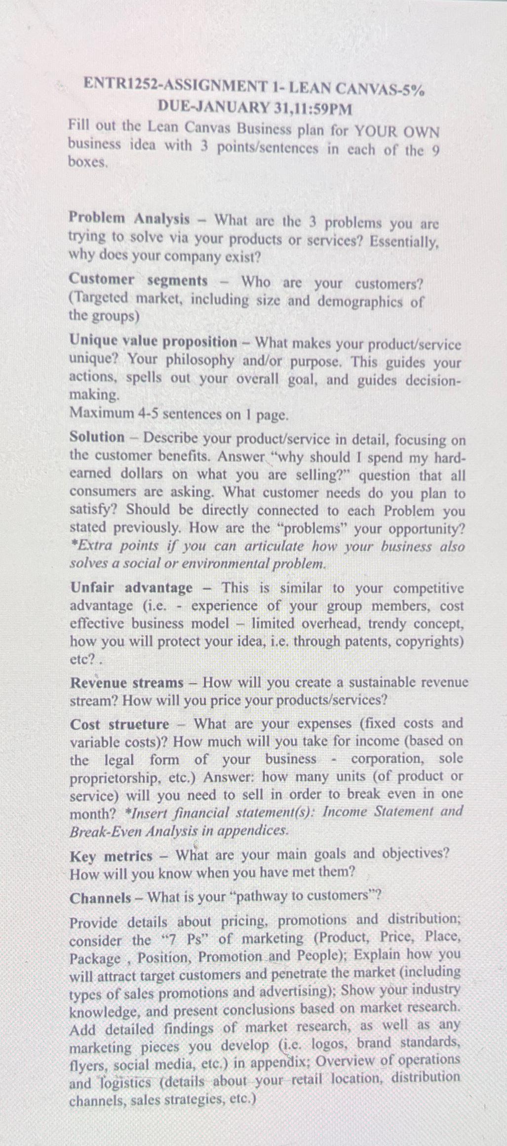  ENTR1252-ASSIGNMENT 1-LEAN CANVAS-5% DUE-JANUARY 31,11:59PM Fill out the Lean Canvas Business