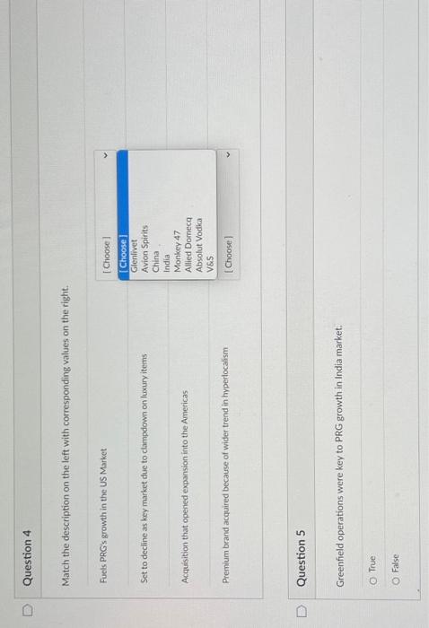  Question 4 Match the description on the left with corresponding values