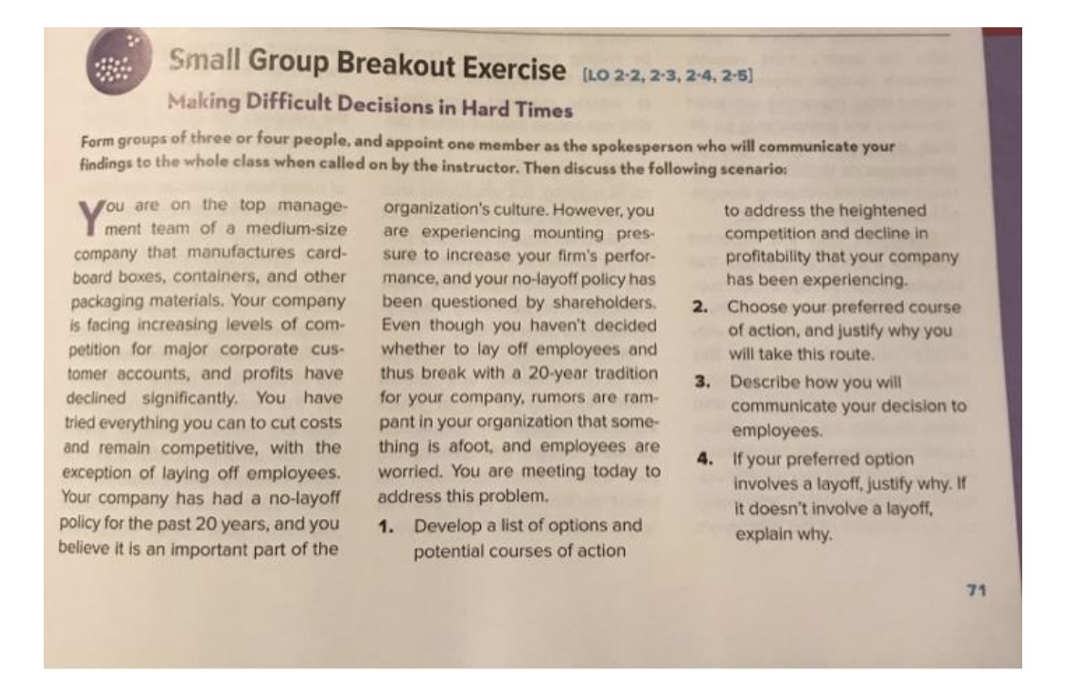  Small Group Breakout Exercise [L.2*2,2*3,2-4,2-5] Making Difficult Decisions in Hard Times