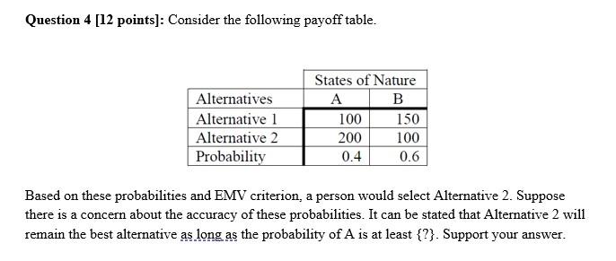  Question 4 [12 points]: Consider the following payoff table. Based on