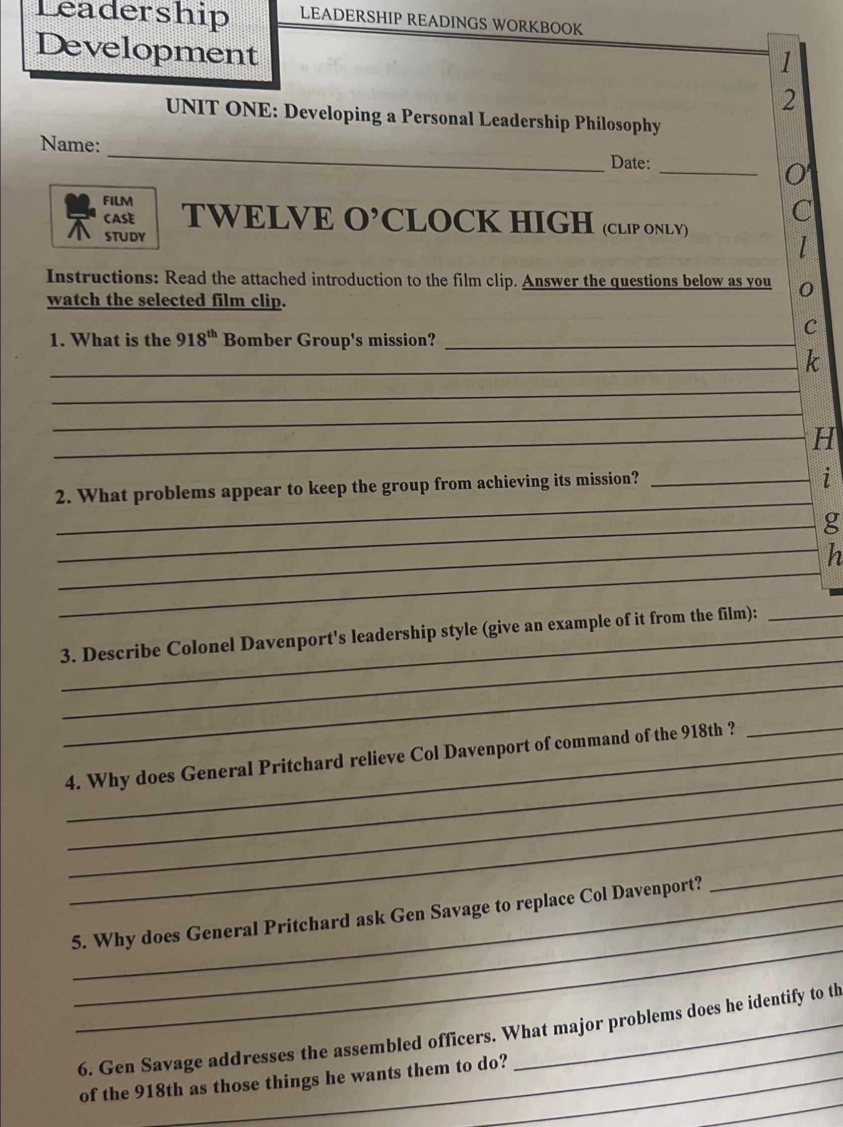  Leadership Development LEADERSHIP READINGS WORKBOOK UNIT ONE: Developing a Personal Leadership