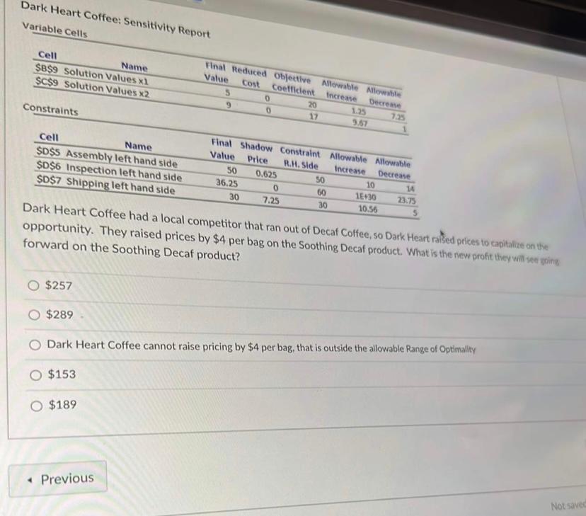  Dark Heart Coffee: Sensitivity Renn.. Variable call. opportunity. They raised pricompetitor